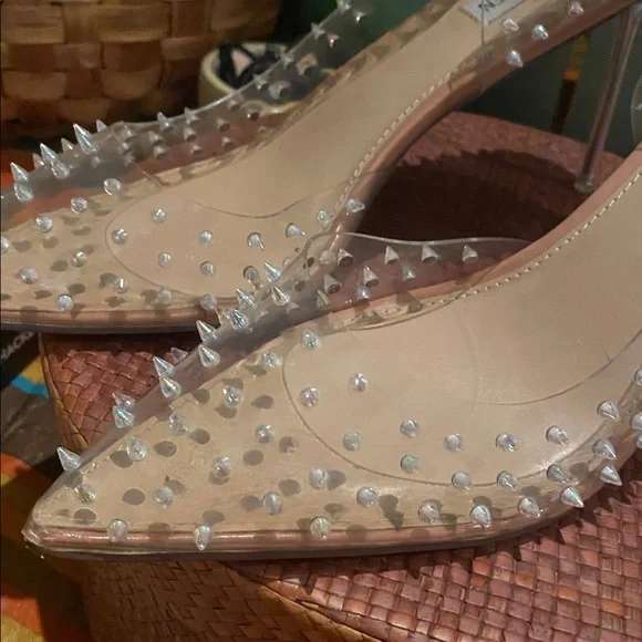 Steve Madden Tolima Clear Ecru High Heel Womens Size 9.5M Pumps Silver Studded - Picture 3 of 16